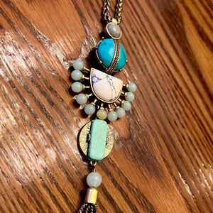 Vintage Turquoise and Gemstones Tassel Necklace antique gold wheat chain